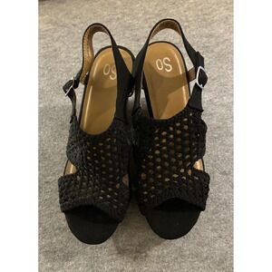 SO Black Woven Strappy Buckle Cork Wedge Sandals Women's Size 10, Casual Party